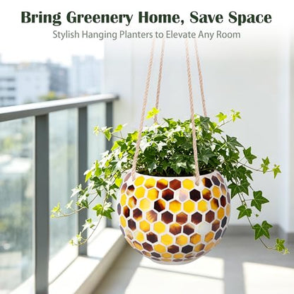 Ceramic Hanging Planter, Yellow Mosaic Bee Style Flower Plant Pot - color: Yellow