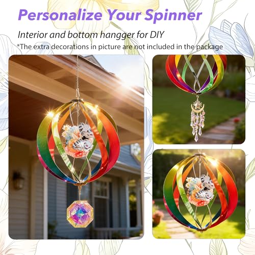 12" Hanging Wind Spinners Outdoor Assembly Required Rainbow 3D Metal Ball - size: 12 Inch