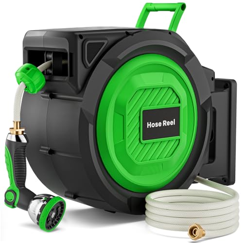 Retractable Garden Hose Reel, 1/2 in x 150 ft Heavy Duty Wall-Mounted Hose Reel with 180° Swivel Bracket, 10-Pattern Nozzle, Automatic Slow Rewind System, Any Length Lock for outside Watering,Cleaning - size: 1/2" 150FT