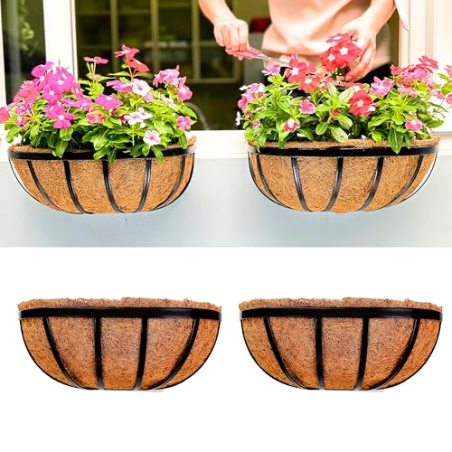 LaLaGreen Wall Planters - 16 Inch, 2 Pack Deck Railing Planter Boxes for Outdoor Plants, Window Flower Box with Coco Liners Metal Horse Troughs Fence Balcony Garden Herb Pot Patio Porch Over Rail - size: 16" x 2