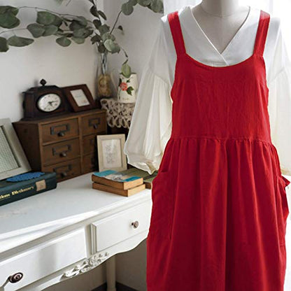 Cotton Linen Apron Cross Back Apron for Women with Pockets Pinafore Dress - color: 2 Pack-red+white