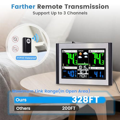 Weather Station Wireless Indoor Outdoor Thermometer, Alarm Clock - color: Black&Silver