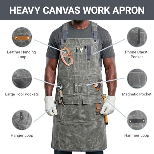 Woodworking Apron for Men,Poly Cotton Heavy Duty Waterproof Waxed Canvas Welding Apron with 9 Tool Pockets - color: Grey