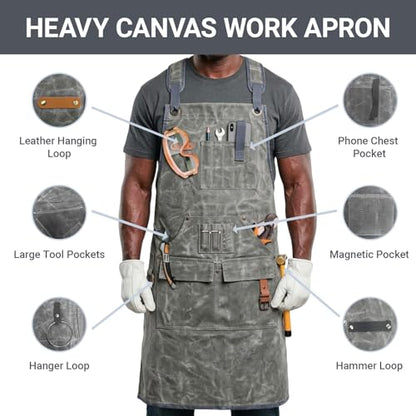 Woodworking Apron for Men,Poly Cotton Heavy Duty Waterproof Waxed Canvas Welding Apron with 9 Tool Pockets - color: Grey