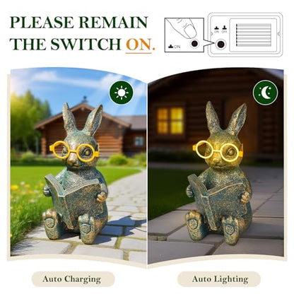 Reading Rabbit Garden Decor with Solar-Powered Glasses Light - size: Rabbit