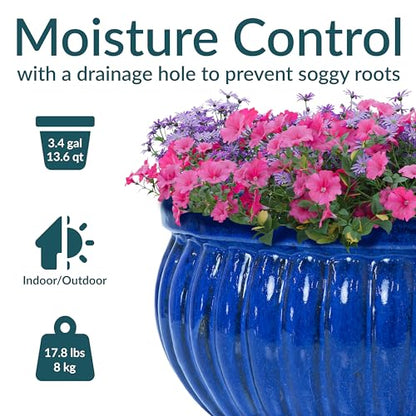Sunnydaze 14.5" Round Ribbed Ceramic Planter Bowl, Imperial Blue
