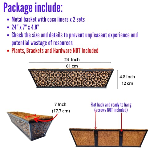 LaLaGreen Window Boxes Planters for Outdoor Plants (24 Inch, 2 Pack) Large Fence Hanging Planter Metal Deck Railing Flower Box with Coco Liner, Trendy Horse Troughs Balcony Pots Patio Porch Over Rail - size: 24" (61cm) x 2 pack