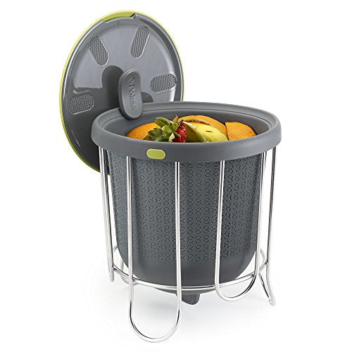 Polder Kitchen Composter-Flexible Silicone Bucket inverts for Emptying and Cleaning - no Need to Touch Contents- Adjustable lid for Ventilation & Airflow Control, Gray/Green