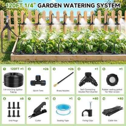 120FT Garden Watering System w/26 Nozzles,360° Bendable Drip Irrigation Kit