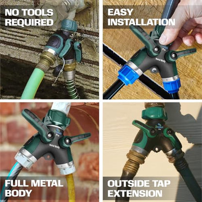 2WAYZ Hose Splitter 2 Way Heavy Duty Outdoor Faucet and Garden Connector - Water Spigot Splitter - Durable All-Metal Y Adapter with Shut-Off Valve - 4 x 4 x 1.5 Inches - size: Single Splitter