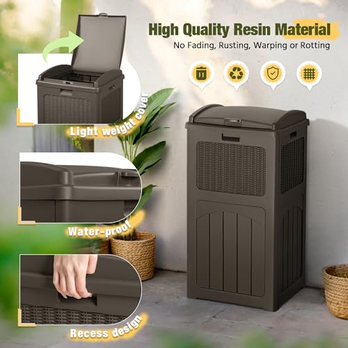 Devoko 33 Gallon Outdoor Trash Can with Dual Lid, Hideaway Garbage Bins,2Pc - color: Deep Brown, size: 2 Pack