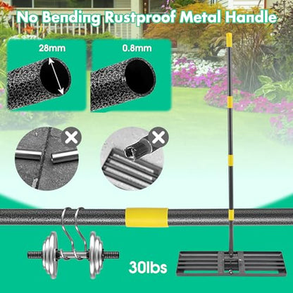 Lawn Leveling Rake,Folding 30x10 Inch Ground Plate,70 Inch Adjustable Long Handle Yard Level Tool with Curved Edge,Heavy Duty Landscaping Lawn Leveler for Grass, Golf Field, Soil Sand Dirt Spreader - size: Foldable 30"x10", 78"