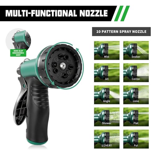 50FT Premium Non-Expanding Garden Hose Ultra Lightweight Design 50 FT Watering Hose with 10 Function Nozzle, Kink & Tangle-Free, Leakproof & Pressure Resistant for Yard/Lawn/Camping (Green) - color: Green, size: 50FT