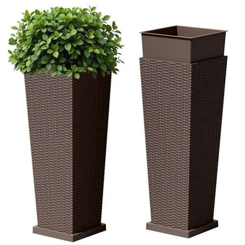 Devoko Resin 32'' Tall Planters, Large Taper Outdoor Planter - color: Brown, size: 32" With Trays
