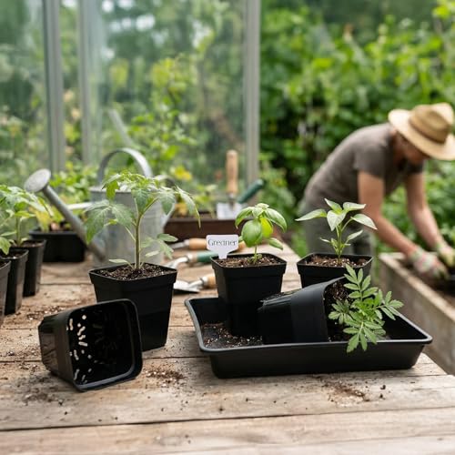 GREANER 50 Pcs Nursery Pots 4 Inch, 5 Packs 12 Inch Reusable Seed Starter Tray, Plastic Sturdy Planting Pots with 20PCS Plant Labels for Indoor Outdoor - size: 4" Pots-50PCS + 12" Trays-5PCS