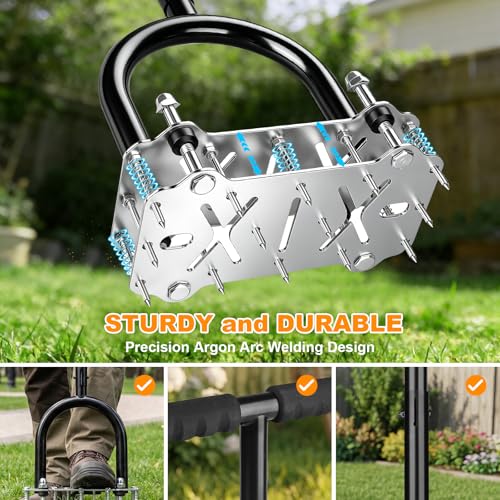 Manual Lawn Aerator Tool Heavy Duty Steel Spikes, Core Aerator with Spring-Loaded Automatic Soil Ejection, Dual-Height Adjustable Wide Foot Plate for Yard, Garden, Lawn Aeration - size: Stainless Steel C