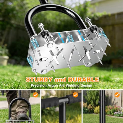 Manual Lawn Aerator Tool Heavy Duty Steel Spikes, Core Aerator with Spring-Loaded Automatic Soil Ejection, Dual-Height Adjustable Wide Foot Plate for Yard, Garden, Lawn Aeration - size: Stainless Steel C