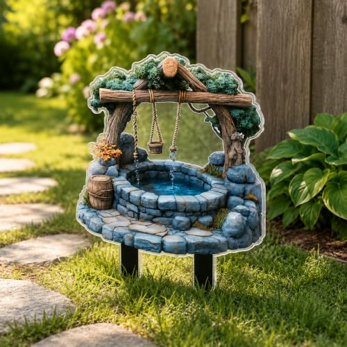 2D Flat Garden Stake Decor, Waterproof Acrylic Wishing Well Figurine Lawn Ornament, Outdoor Lighted Landscape Stake for Flower Bed Patio Cemetery Holiday Yard Accent (Stone) - color: Stone