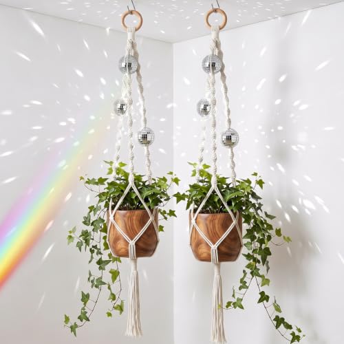 Shappy 2 Pack Macrame Disco Ball Plant Hanger, Boho Hanging Planter Decor - color: White, size: Style F