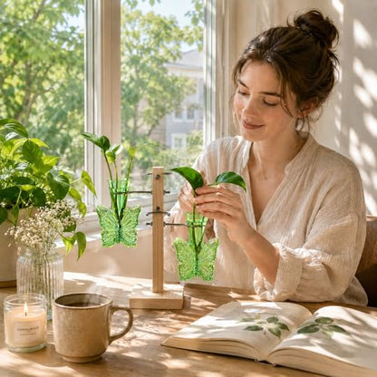 Nacome Plant Terrarium Propagation Stations: Green Vase with Wooden Stand - color: Green