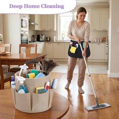 Cleaning Apron, Cleaning Caddy & Household Cleaning Storage Organizer Set - color: Khaki+black