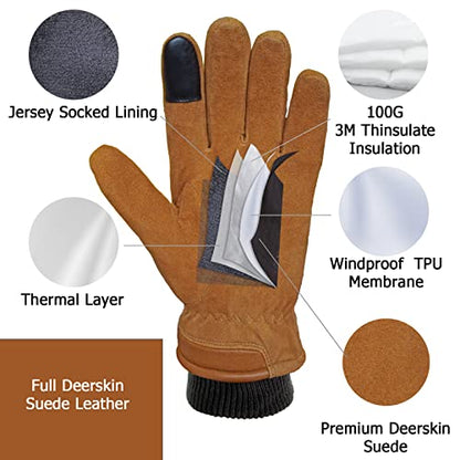 SKYDEER 3M Thinsulate Thermal Winter Work Gloves with Windproof Premium Genuine Deerskin Suede Leather (Unisex SD8671T) - color: Sd8653t, size: X-Large