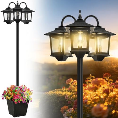 3-Head Solar Lamp Post with Planter, 74" Solar Lamp Post Light - size: Clear Frame