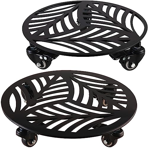 2 Packs Large Metal Plant Caddy with Wheels 13.6" and 12" Heavy-Duty Wrought Iron Rolling Plant Stands with PU Metal Casters Indoor Outdoor Round Plant Pot Roller Base Planter Movers, Glossy Black - size: 12"/ 13.6"