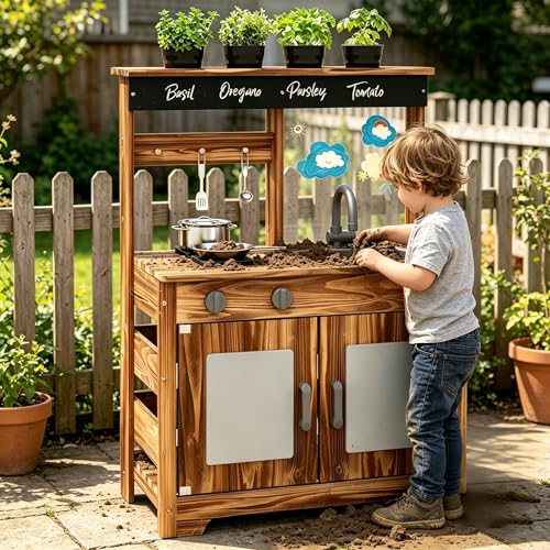 Costzon Mud Kitchen, Fir Wood Outdoor Play Kitchen w/ 4 Planting Pots - style: Planter Brown