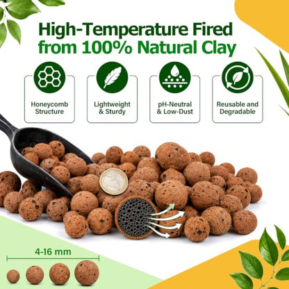 Riare 8LB Organic Leca Clay Pebbles for Plants, 4-16mm Drainage Leca Balls - size: 8LB