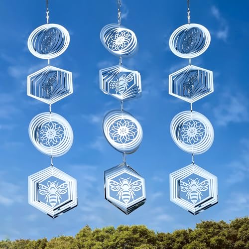 12Pcs Bird Scare Discs Set Reflective 3D Stainless Steel Wind Spinner Outdoor Garden Hanging Decor, Bird Devices Deterrent Reflectors to Scare Birds Away from Yard Patio (Flower and Bee) - color: Flower Bee