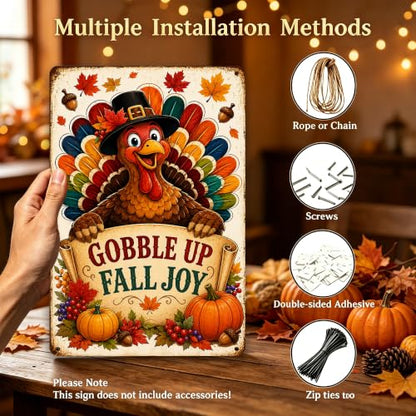 Gobble Up Fall Joy Thanksgiving Metal Sign Turkey Wall Decor 8x12 Inch - color: Gobble Up Fall Joy