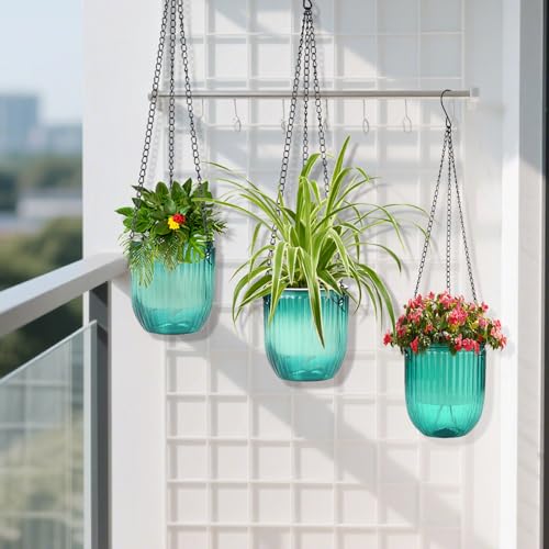 4 Pack Self Watering Hanging Planters with Drainage Holes Green
