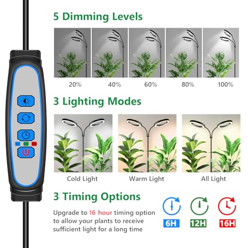 Aumtrly 2 Head Grow Light Full Spectrum, Black, with 68" Adjustable Stand - size: 2 head 68inch/black