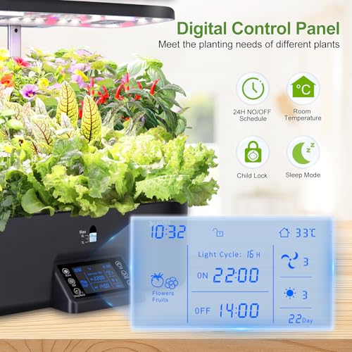 17-Pods Hydroponic Growing System with Dual Fans 24W Full-Spectrum Grow Light & Smart Control Panel for Indoor Gardening for Vegetables Herbs