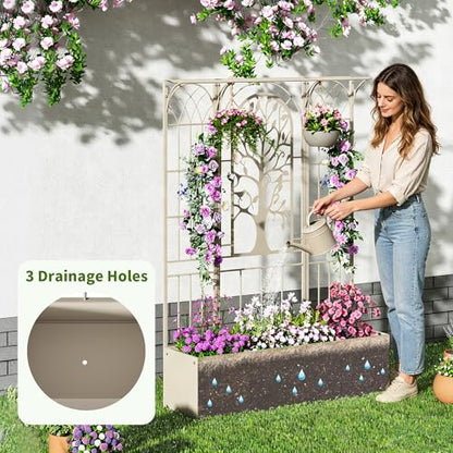 Metal Planter Box with Trellis, Outdoor Raised Garden Bed, Beige - color: Beige