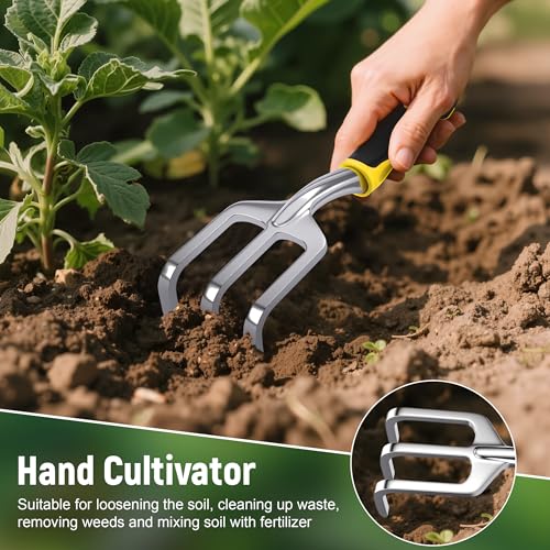 Garden Tool Set, 3 Pack Aluminum Heavy Gardening Kit Including Hand Shovel, Transplant Shovel and Hand Rake for Planting, Digging, Weeding - color: Yellow
