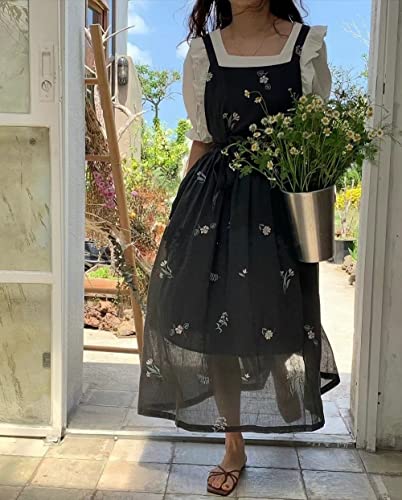 Cotton Pleated Apron Retro Waterdrop Proof Garden Cleaning Pinafore Dress - color: Floral Black