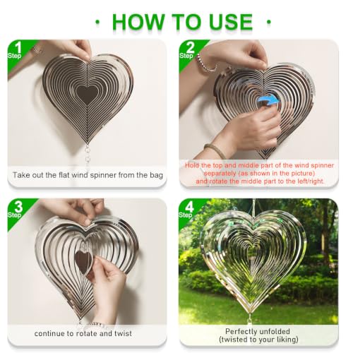 2 Pack Heart Wind Spinners Outdoor Hanging, 3D Stainless Steel Garden Decor