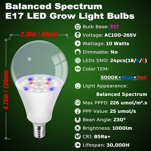 ALIDE Full Spectrum Led Grow Light Bulb for Indoor Plants E17 Intermediate - size: E17