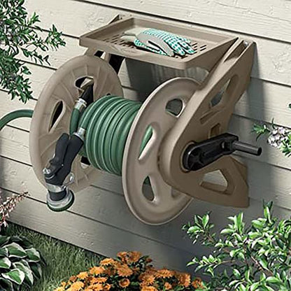 Suncast Handler Plastic Wall-Mounted Outdoor Weatherproof Garden Hose Storage Reel with Storage Tray, Holds 200 Feet of Hose (2 Pack)