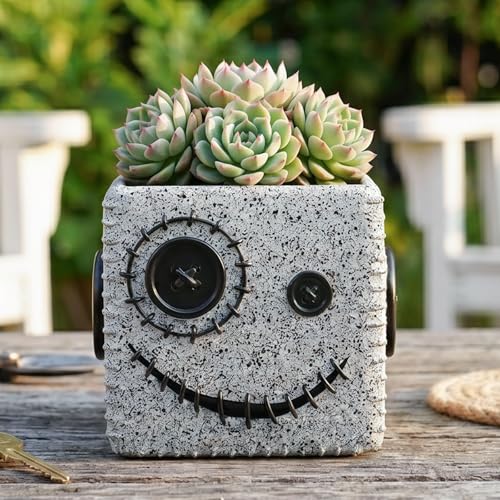 Halloween Button Face Monster Planter, Resin Pot with Drainage - color: Gray-a