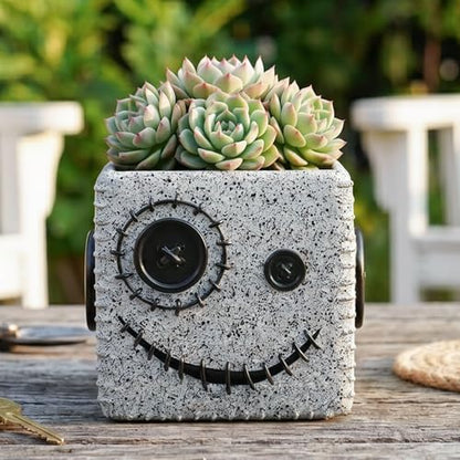 Halloween Button Face Monster Planter, Resin Pot with Drainage - color: Gray-a