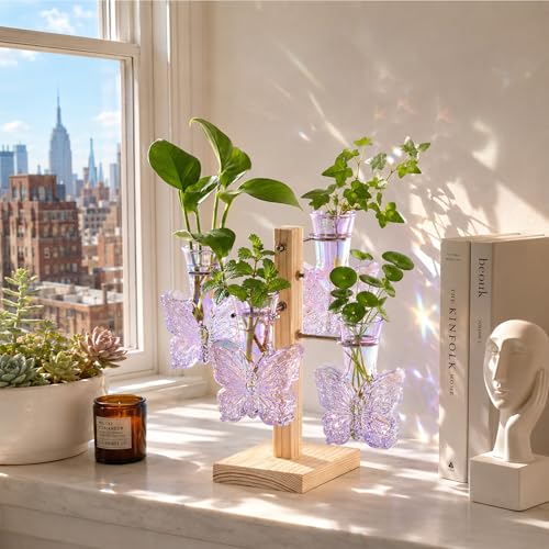 Nacome Plant Terrarium Propagation Stations: Purple Vase with Wooden Stand - color: Purple