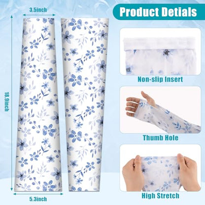 Gardening Sleeves for Women UV Sun Protection with Thumb Hole Anti-Scratch - color: Blue Floral