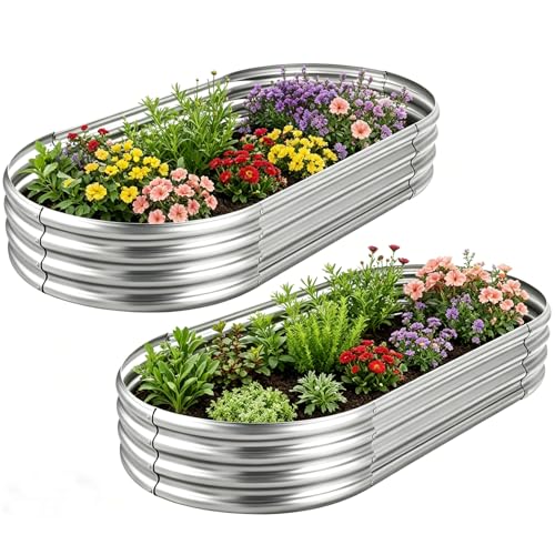 AHEONLAR 2 Pack 4x2x1ft Galvanized Raised Garden Bed Kit, Oval Large Metal Planter Box, Sturdy and Durable, Garden Boxes Outdoor Raised for Vegetables, Fruits, Flowers and Herbs(Silver) - size: 4×2×1ft（2-Pack）