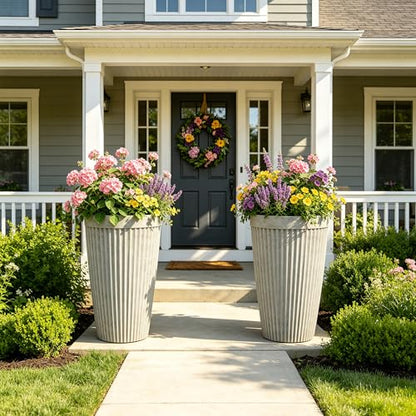Autodaya 20" Resin Outdoor Tall Planters Set of 2, Ivory Fluted - color: Concrete Fluted-20"h