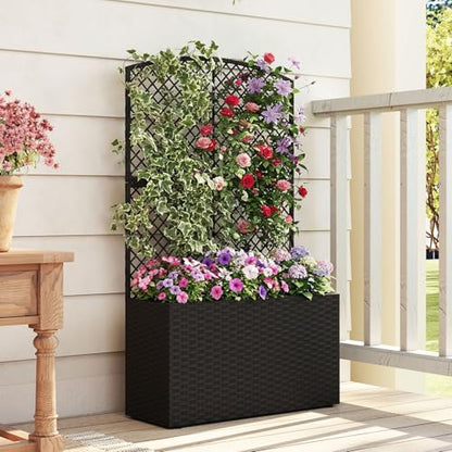HAPPYGRILL PE Rattan Raised Garden Bed with Trellis & Privacy Screen - color: Black