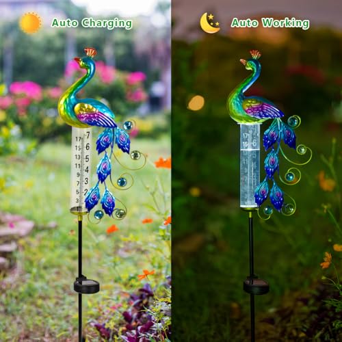 Peacock Rain Gauge Outdoor 36.6" Solar Powered Rain Gauges - color: Green Peacock