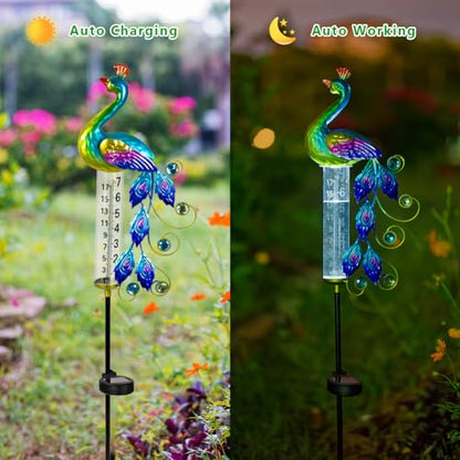 Peacock Rain Gauge Outdoor 36.6" Solar Powered Rain Gauges - color: Green Peacock
